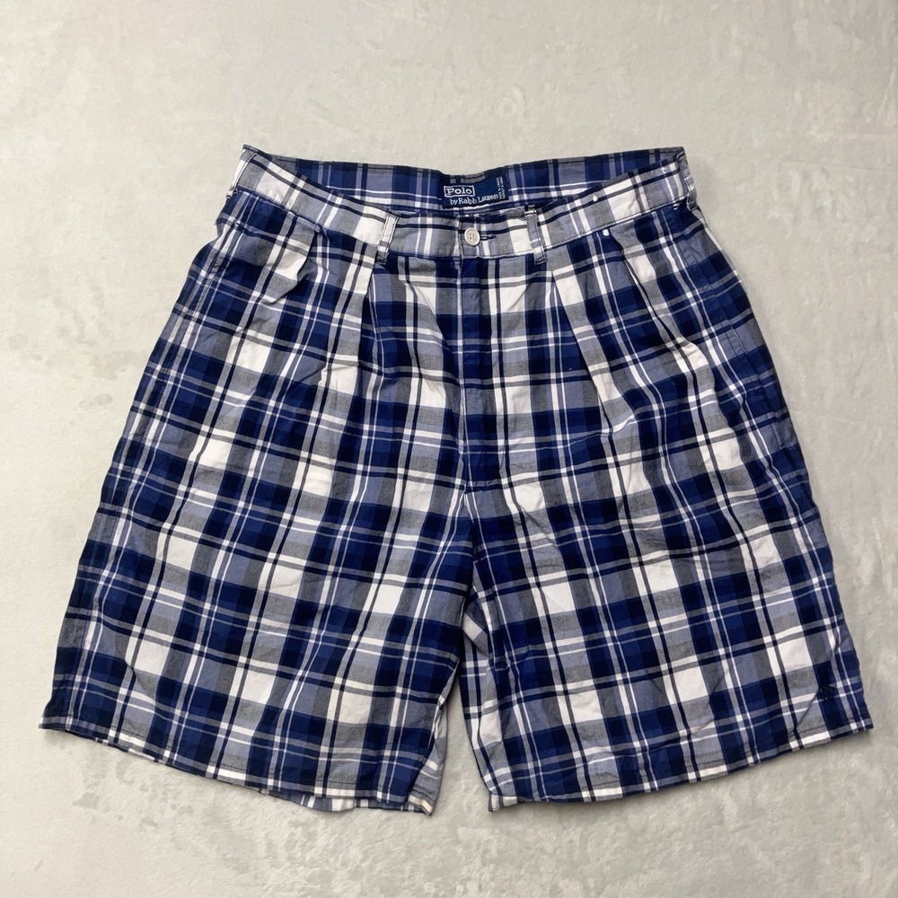 Vintage Polo Ralph Lauren Shorts Mens 34 Plaid Double‎ Pleated Pony Logo Blue